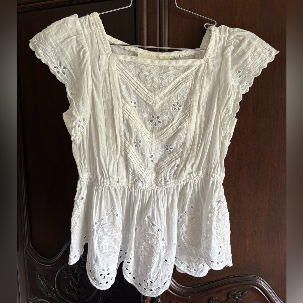 Anthropologie Maeve White Cotton Eyelet Lace Blouse Sz 8